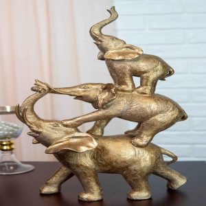 Golden Stacked Balancing Acrobatic Circus African Elephants Family Statue 15"H