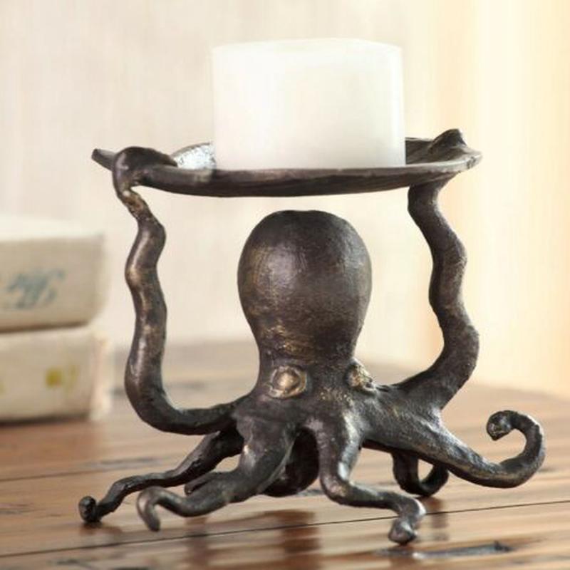 Nautical Ocean Reef Kraken Octopus With Sea Shell Pillar Candleholder Figurine