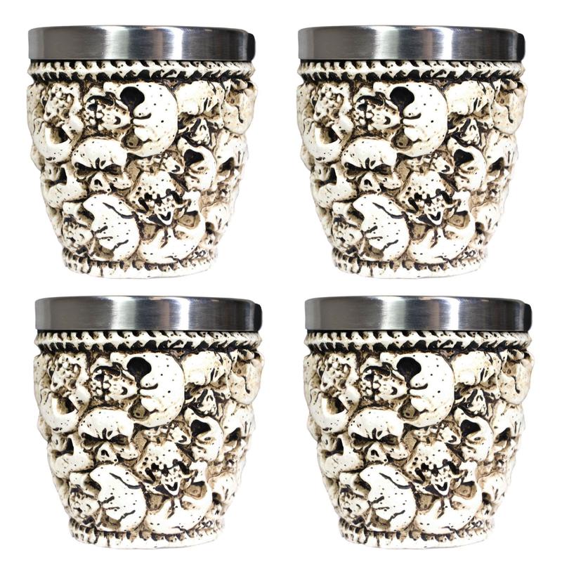 Novelty Ossuary Graveyard Piled Up Skulls And Spine Bones Shot Glass Set of 4