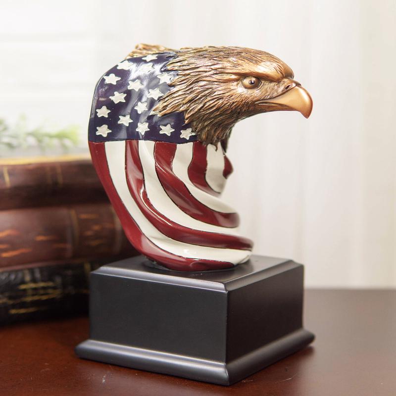 Patriotic Bald Eagle On USA Star Spangled Banner Flag Bust Electroplated Statue