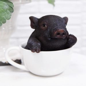 Rustic Lifelike Black Pig Piggy In Tea Cup Figurine Animal Farm Pigs Swine Decor