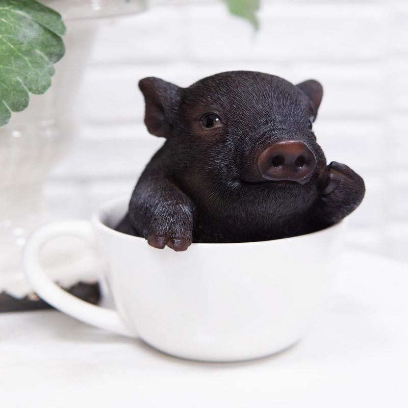 Rustic Lifelike Black Pig Piggy In Tea Cup Figurine Animal Farm Pigs Swine Decor