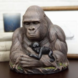 Tropical Rainforest Western Silverback Gorilla Cradling Baby Faux Wood Statue