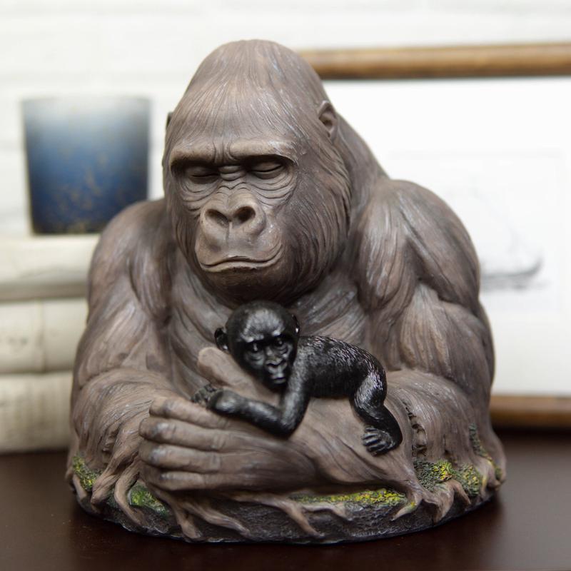 Tropical Rainforest Western Silverback Gorilla Cradling Baby Faux Wood Statue