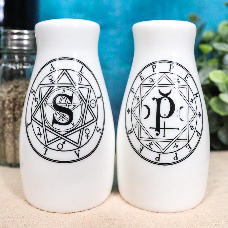 Wicca Sacred Geometry Pentacles Crescent Moons Ceramic Salt n Pepper Shakers Set
