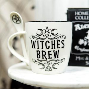 Wicca Sacred Moon Triple Goddess Pentacle Witches Brew Ceramic Mug And Spoon Set