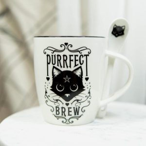 Wicca Sacred Pentacle Cat Purrfect Love Brew Porcelain Mug With Spoon Set 13oz