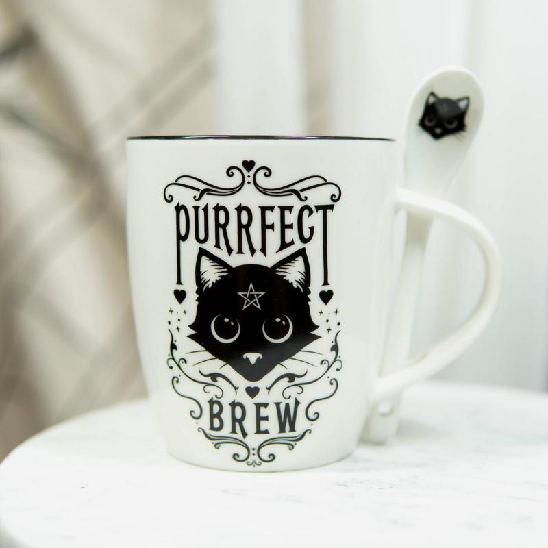 Wicca Sacred Pentacle Cat Purrfect Love Brew Porcelain Mug With Spoon Set 13oz