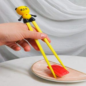 Yellow Giant Panda Reusable Training Chopsticks Set With Silicone Helper Hinge