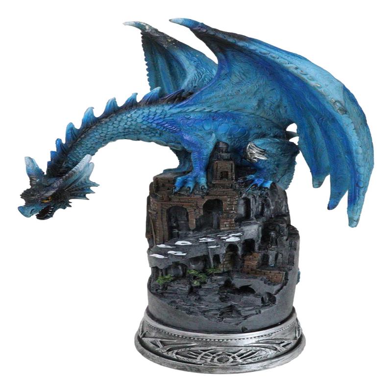 Blue Elemental Ice Dragon Perching On Medieval Stonewall Castle Tower Figurine