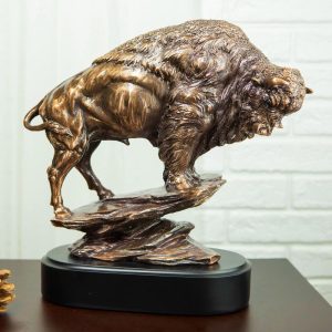 Buffalo Jump American Bison On Cliff Edge Bronze Electroplated Finish Statue