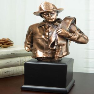 Fireman Carrying Fire Fighter Hose Reel Portrait Bust On Trophy Base Statue