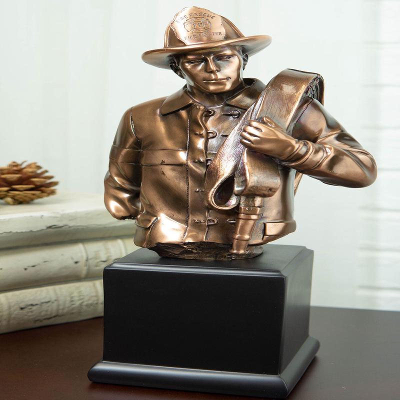 Fireman Carrying Fire Fighter Hose Reel Portrait Bust On Trophy Base Statue