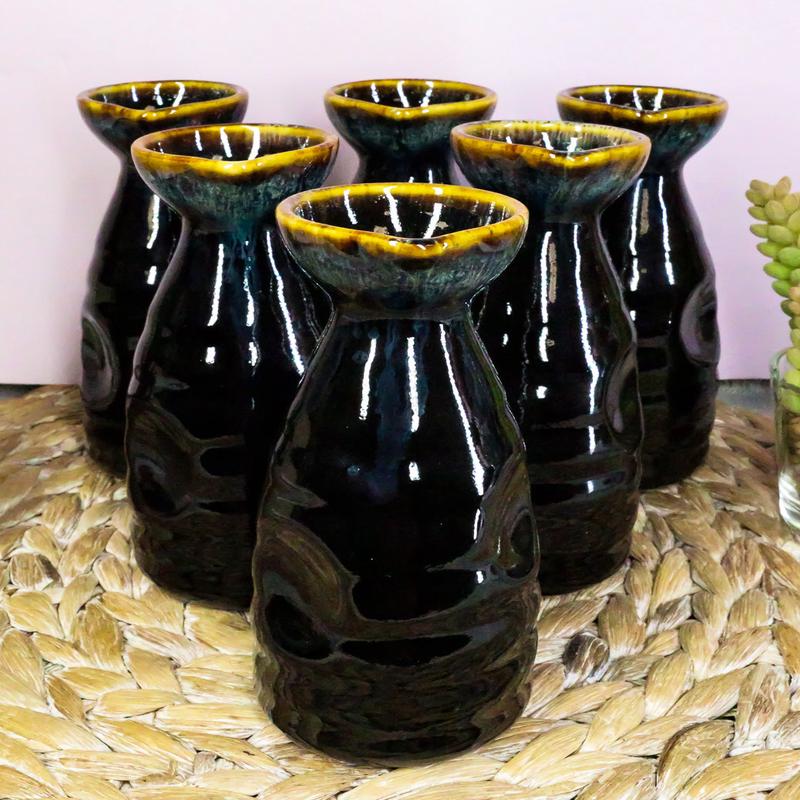 Glazed Ceramic Brown Waterfall Japanese Wine Sake Tokkuri Flask Pack of 6 Flasks
