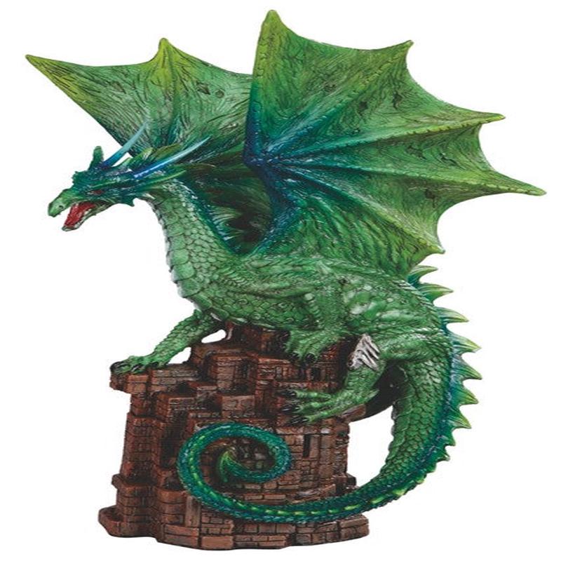 Green Terra Wyvern Monarch Dragon Perching On Medieval Castle Tower Figurine