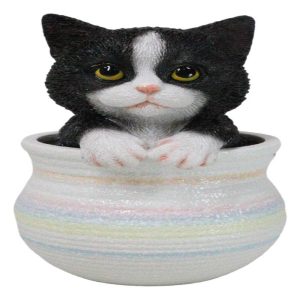 Lifelike Black And White Tuxedo Cat In Pastel Artsy Pot With Glass Eyes Figurine