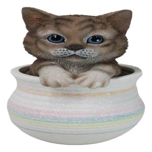 Lifelike Feline Kitty Brown Tabby Cat Blue Eyes In Pastel Artsy Pot Figurine