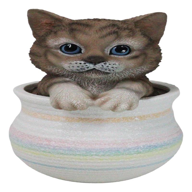 Lifelike Feline Kitty Brown Tabby Cat Blue Eyes In Pastel Artsy Pot Figurine