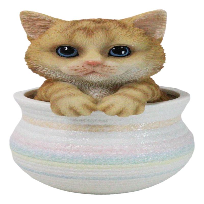 Lifelike Feline Kitty Orange Tabby Cat Blue Eyes In Pastel Artsy Pot Figurine