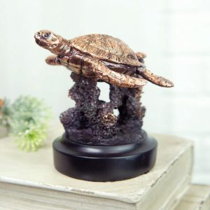 Marine Sea Turtle Swimming By Coral Reef Electroplated Bronze Resin Figurine