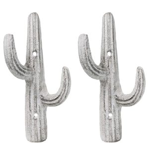 Pack of 2 Rustic Western Off White Metal Desert Saguaro Cactus 2-Pegs Wall Hooks