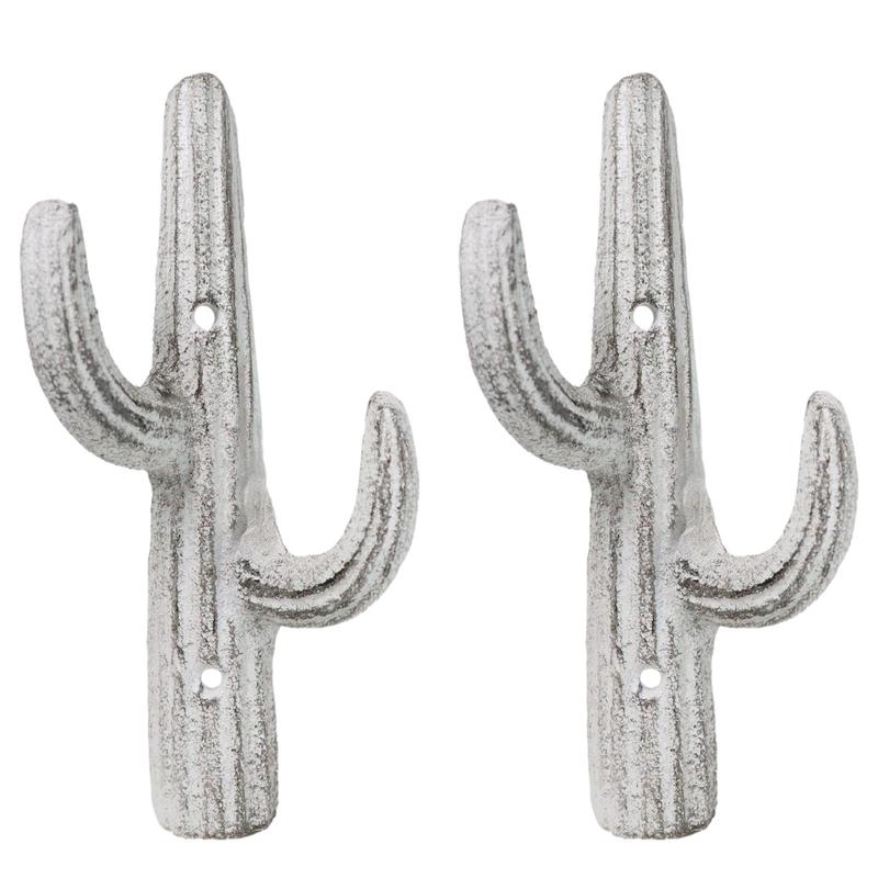Pack of 2 Rustic Western Off White Metal Desert Saguaro Cactus 2-Pegs Wall Hooks
