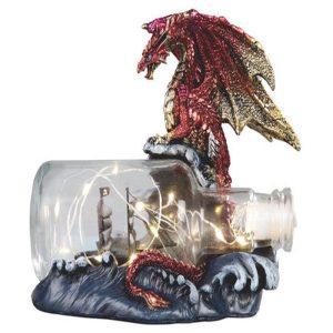 Red Gold Dragon On Ocean Waves Rock With Ship Trapped in LED Bottle Figurine