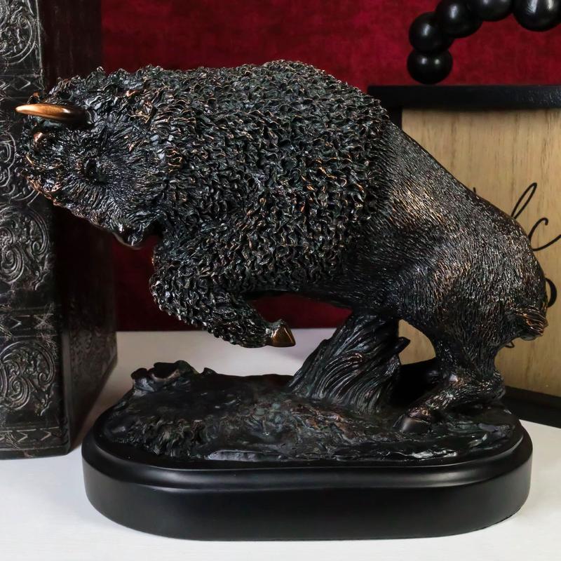Rustic Western Charging American Buffalo Bison Bronze Electroplated Resin Statue