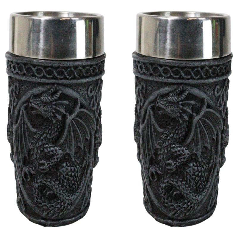 Set Of 2 Gothic Fantasy Moon Voyage Of The Dragon Celtic Knotwork Shot Glasses