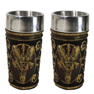 Set Of 2 Occultic Pagan Pentagram Sigil Of Baphomet Sabbatic Goat Shot Glasses