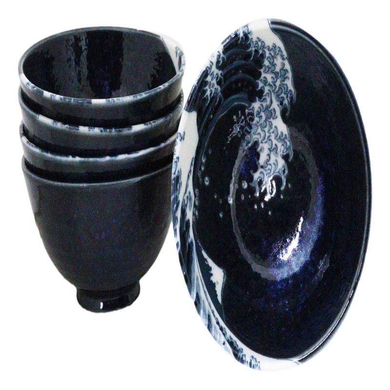 Set Of 5 Blue Japanese Hokusai Great Wave Porcelain Soup Rice Dessert Bowls 10oz