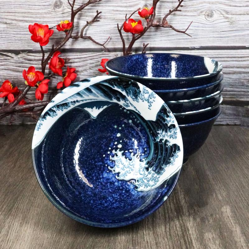 Set Of 6 Blue Japanese Hokusai Great Wave 6" Porcelain Soup Rice Tayo Bowls 19oz