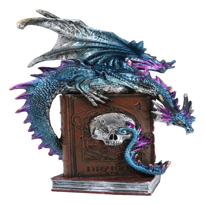 Spell Caster Metallic Ocean Dragon Perching On Necromancy Skull Books Figurine