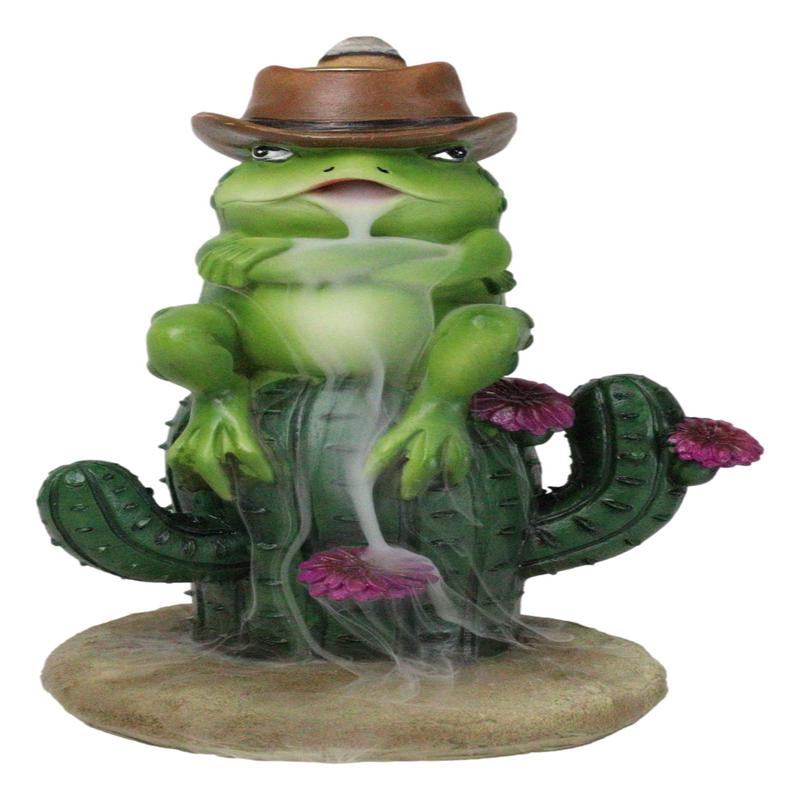Western Outlaw Cowboy Frog On Cactus Backflow Incense Cone Burner Figurine