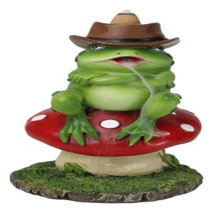 Western Outlaw Cowboy Frog On Mushroom Backflow Incense Cone Burner Figurine