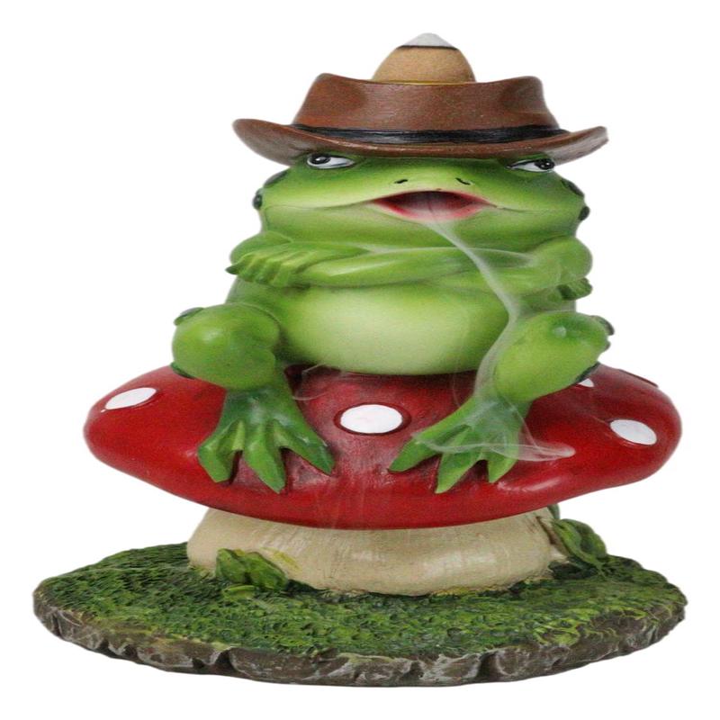 Western Outlaw Cowboy Frog On Mushroom Backflow Incense Cone Burner Figurine