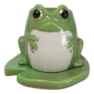 Whimsical Green Toad Frog On Lily Pad Ceramic Essential Oil Warmer Candle Holder