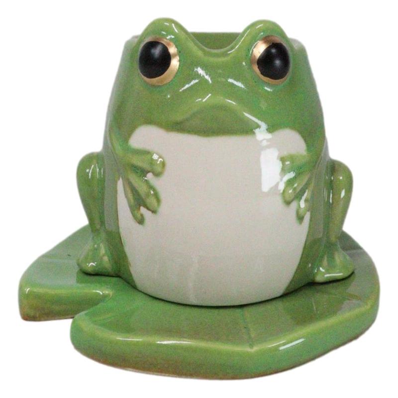 Whimsical Green Toad Frog On Lily Pad Ceramic Essential Oil Warmer Candle Holder
