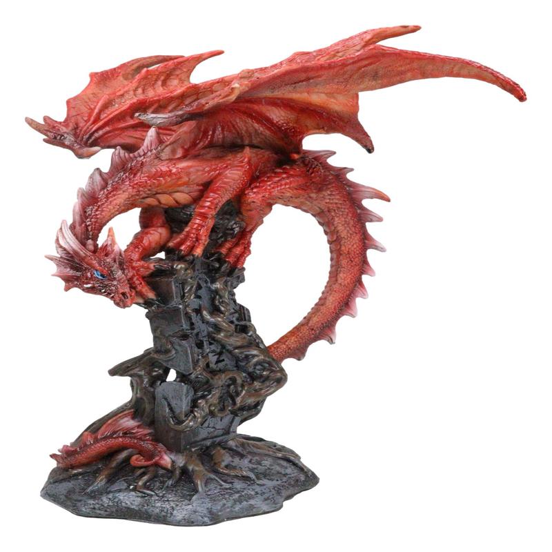 Wizard Fantasy Red Volcanic Dragon Perching On Rune Stone Tower Rock Figurine