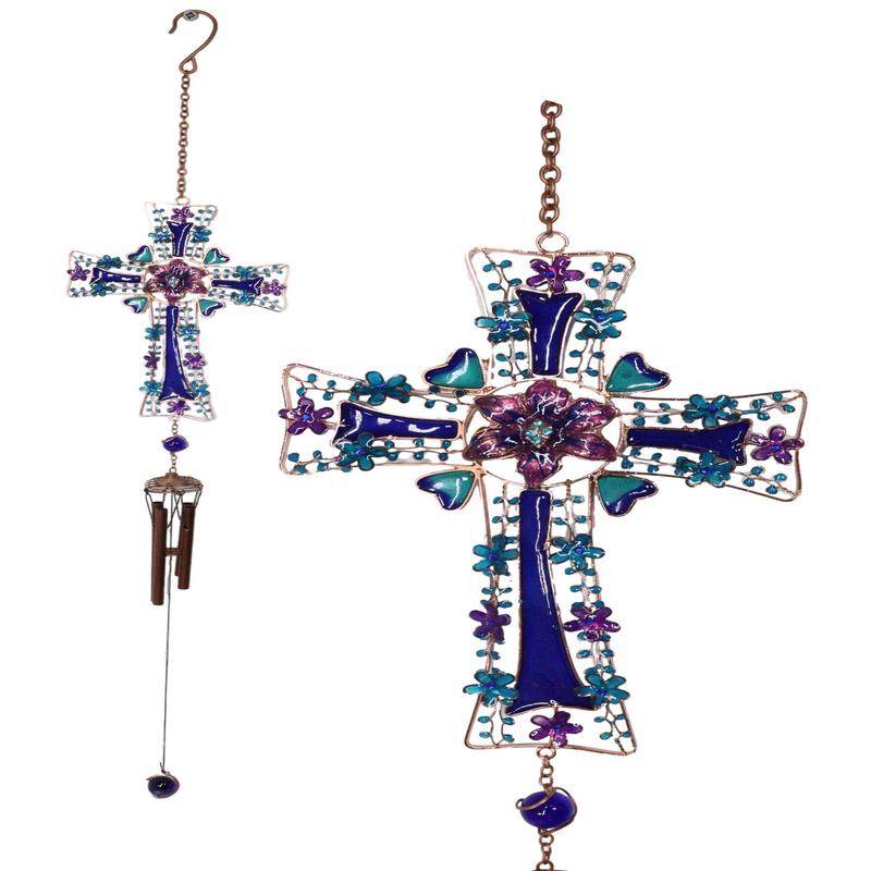 Blue Floral Aquamarine Cross With Gemstones Metal Scroll Filigree Wind Chime