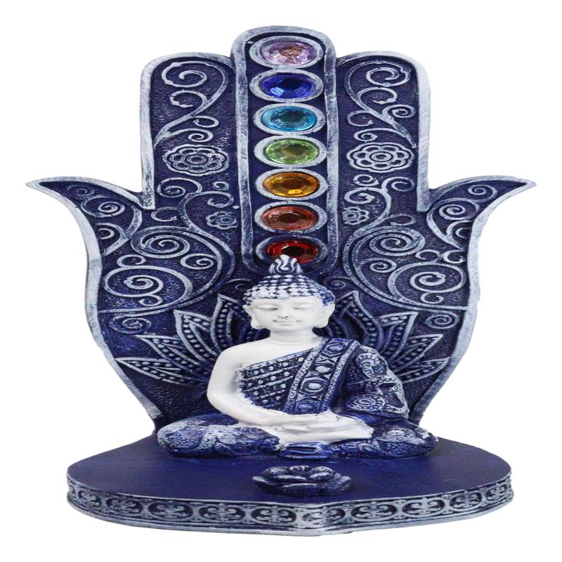 Blue Nirvana Hamsa Palm Buddha Rainbow Chakra Stones Incense Holder Figurine