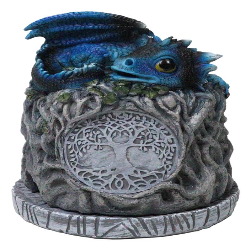 Blue Wyrmling Dragon Sleeping On Tree Of Life Stump Cone Incense Burner Figurine
