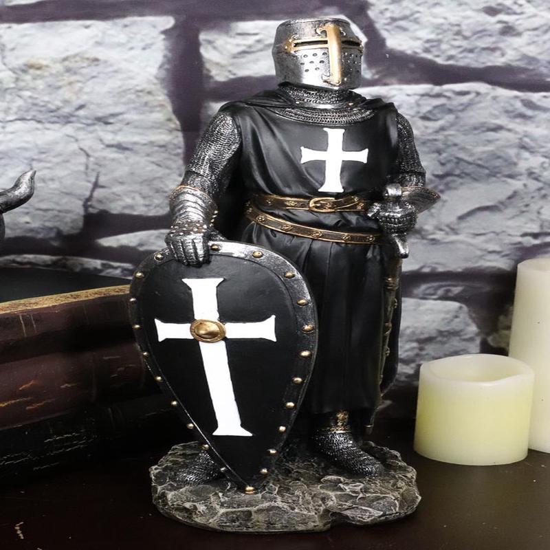 Ebros Black Cloaked Crusader Knight Of The Cross with Sword Shield Statue 11.5"H