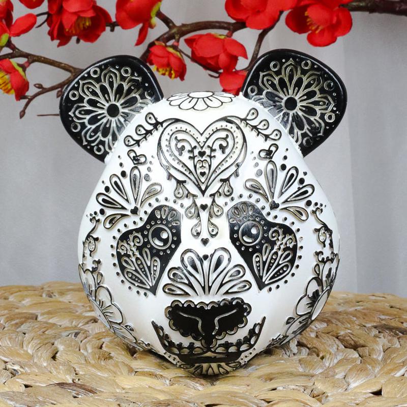 Ebros Black White Tattoo Tooled Floral Heart Panda Bear Head Day Of The Dead Figurine