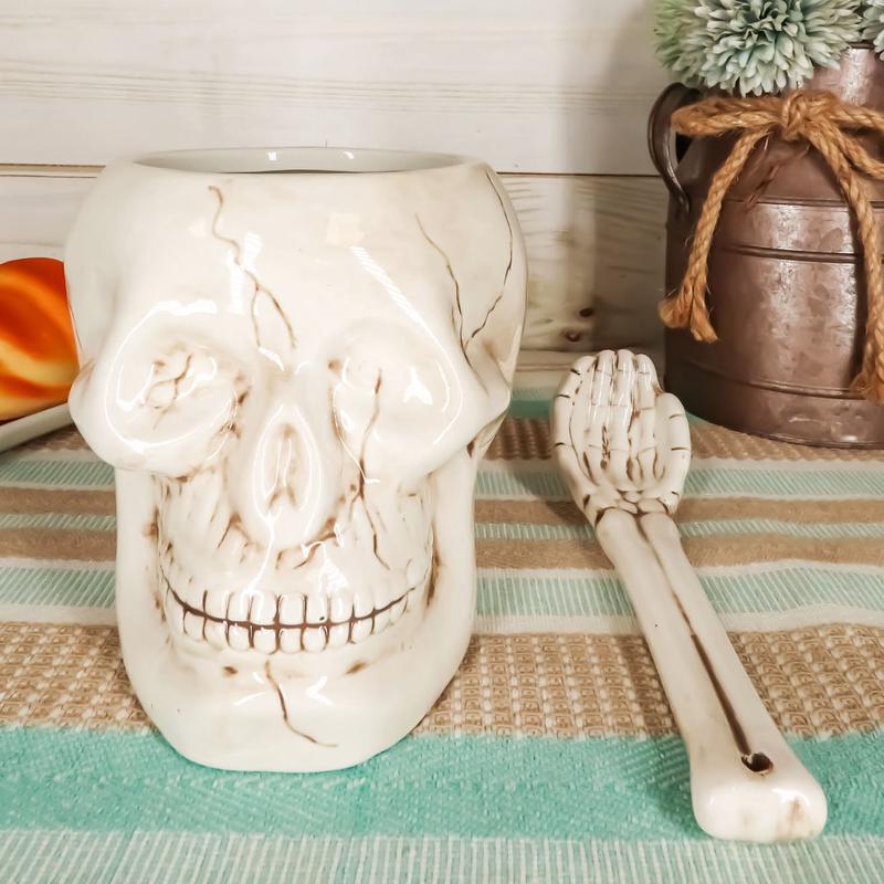 Ebros Ceramic Homosapien Human Skull Bowl With Skeletal Hand Spoon 6"Long 32oz