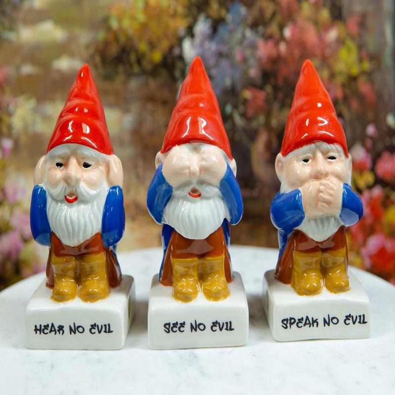 Ebros Gnomes In See Hear Speak No Evil Salt Pepper Shakers & Toothpick Holder