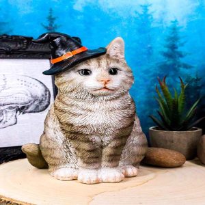Ebros Gray Tabby Cat with Wizard Witches Hat Collectible Home Decor Figurine