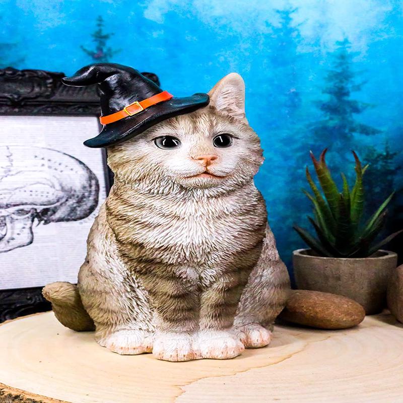 Ebros Gray Tabby Cat with Wizard Witches Hat Collectible Home Decor Figurine