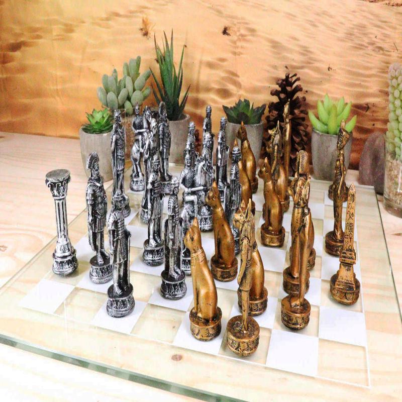 Ebros Kingdoms at War Egyptian VS Roman Army Resin Chess Pieces With Glass Board Set
