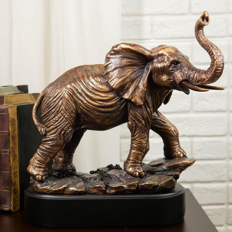 Ebros Large African Long Tusked Elephant Marching W/ Trunk Raised Statue W/ Base